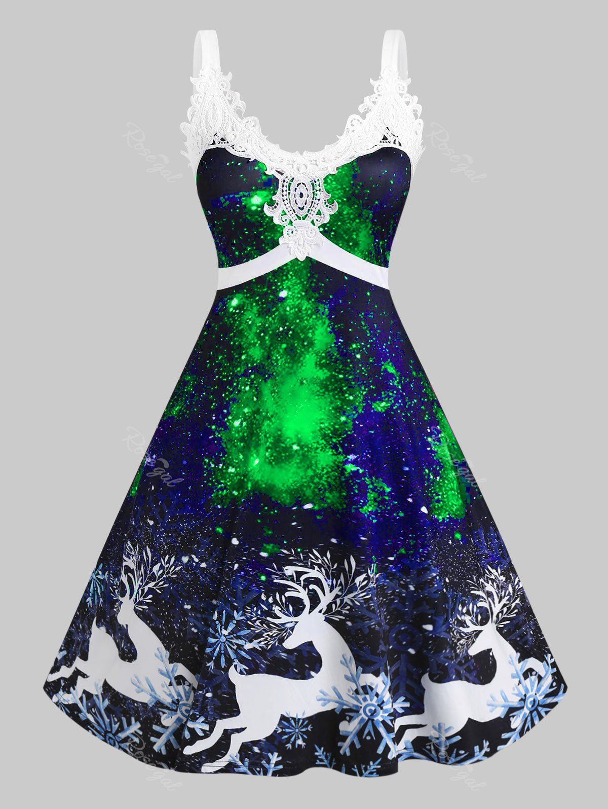 Outfit Plus Size Elk Print 3D Galaxy Lace Panel Christmas Midi Dress  