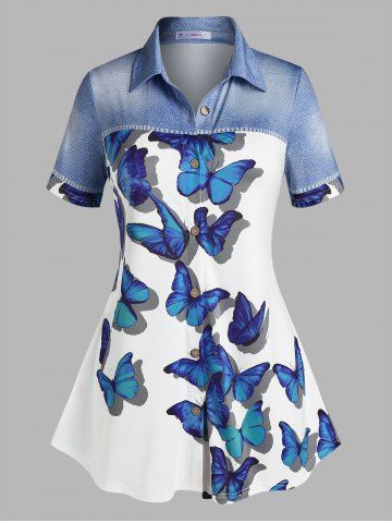 Blusa Tela Denim Estampado Mariposa 3D Tamaño Plus - LIGHT BLUE - 5X