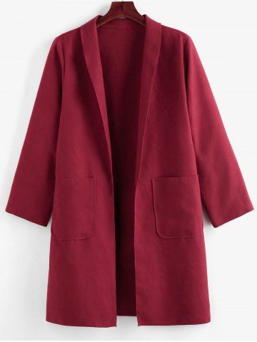 Plus Size Shawl Collar Patched Pocket Tunic Coat - RED WINE - L