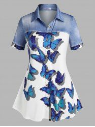 Plus Size 3D Denim Butterfly Print Blouse -  