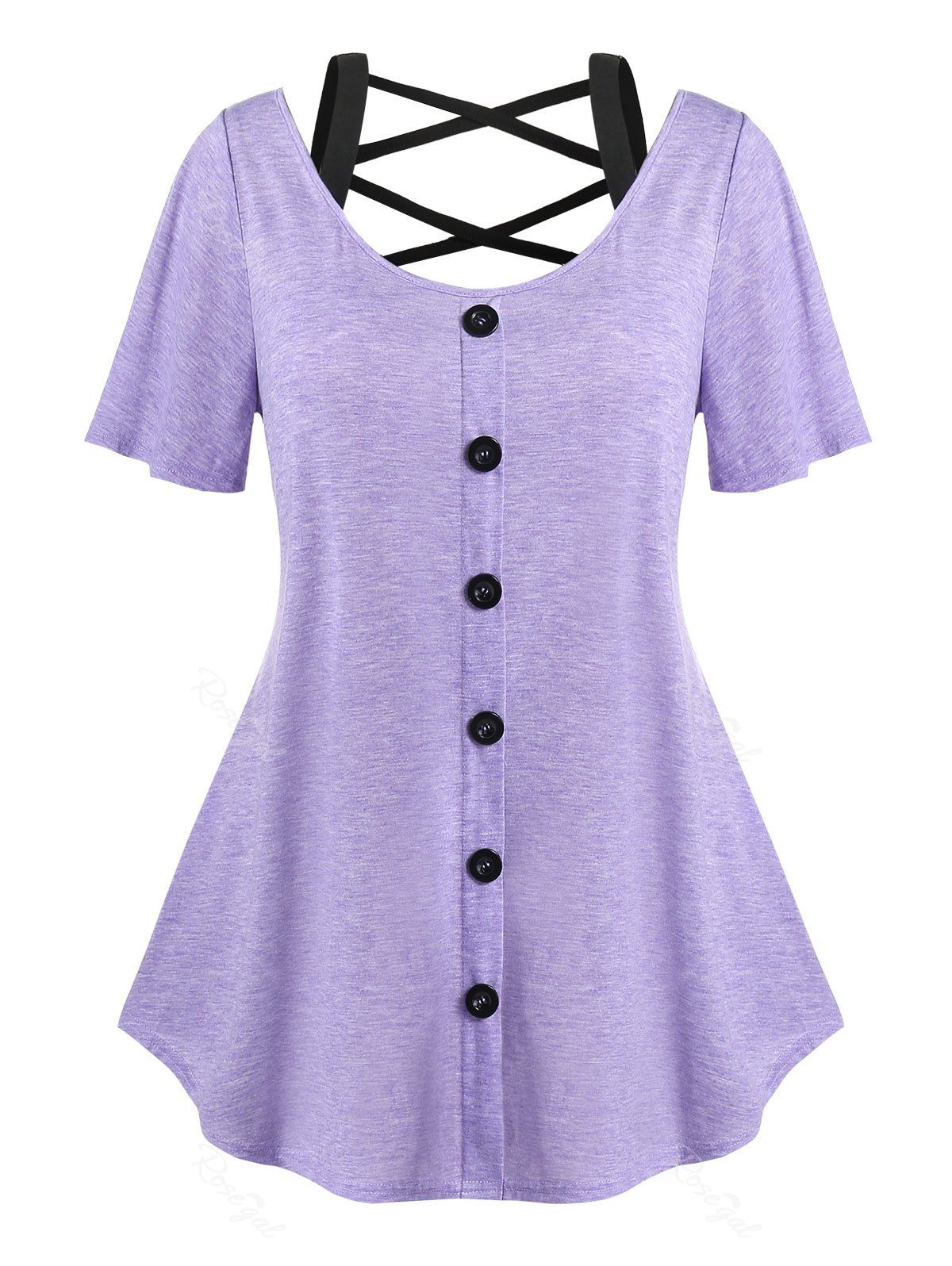 T-shirt Trapèze Curve Croisé à Manches Bouffantes de Grande Taille Violet clair 3X