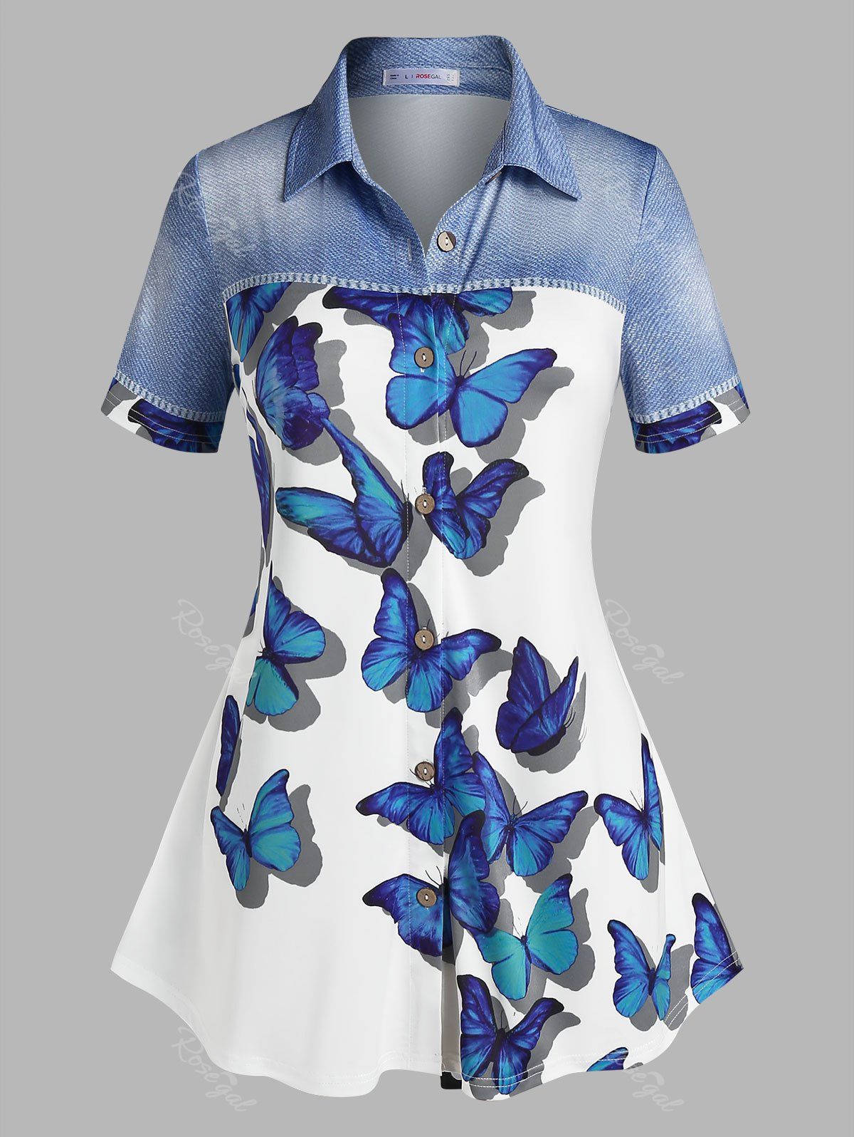 Corsage à Imprimé Papillons en Jean 3D Grande-Taille Bleu clair 3X