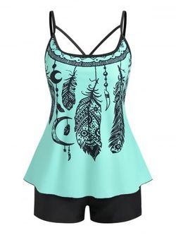 Plus Size Dreamcatcher Print Modest Tankini Swimsuit - LIGHT GREEN - 1X