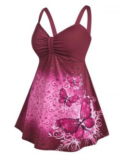 Plus Size & Curve Butterfly Print Ruched Tank Top - DEEP RED - L