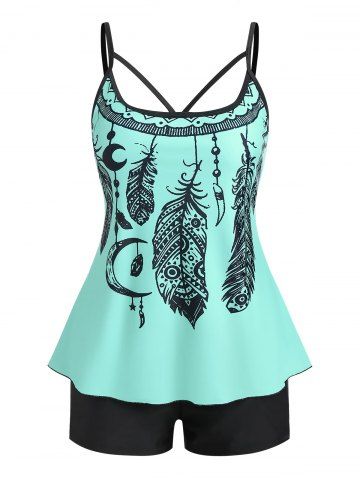 Plus Size Dreamcatcher Print Modest Tankini Swimsuit - LIGHT GREEN - L