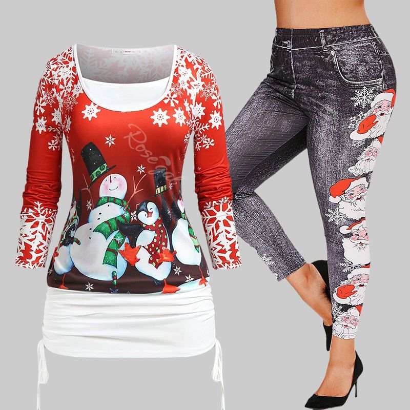 Cheap Fashion Plus Size Cinched Snowflake Snowman Print Christmas T-shirt and Jeggings  