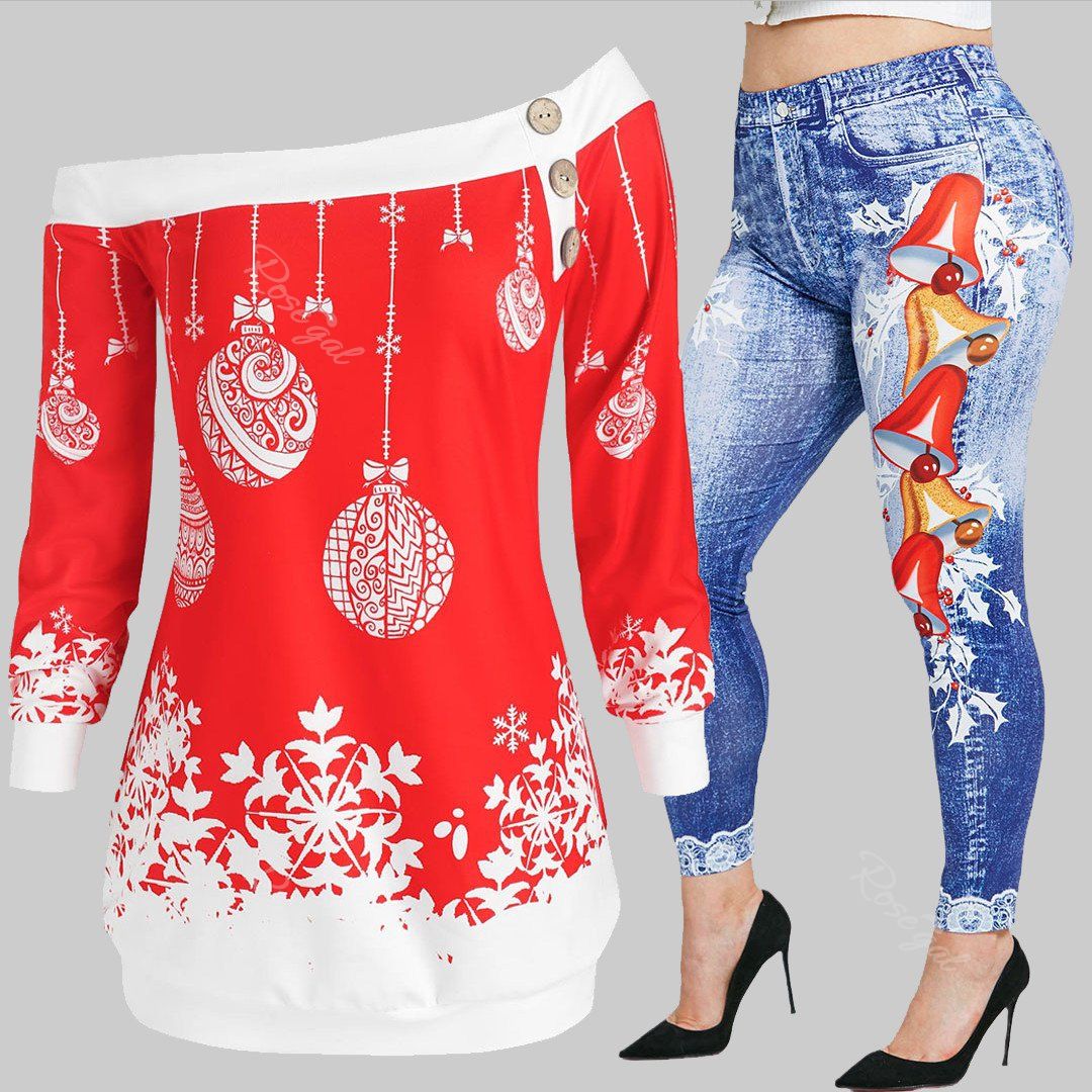 Discount Plus Size Christmas Skew Neck Snowflake Print Outfit  