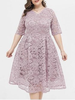 Plus Size Lace Fit and Flare Midi Dress - LIGHT PINK - 3XL
