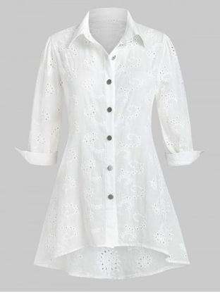 Plus Size Broderie Anglaise Button Up High Low Shirt