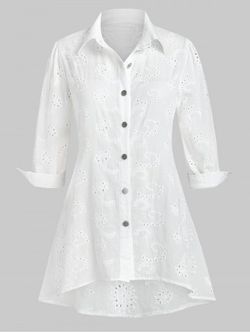 Plus Size Broderie Anglaise Button Up High Low Shirt - WHITE - 5X