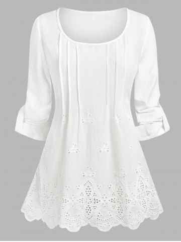 Plus Size Roll Up Sleeve Broderie Anglaise Blouse