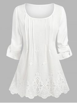 Plus Size Roll Up Sleeve Broderie Anglaise Blouse - WHITE - 5X
