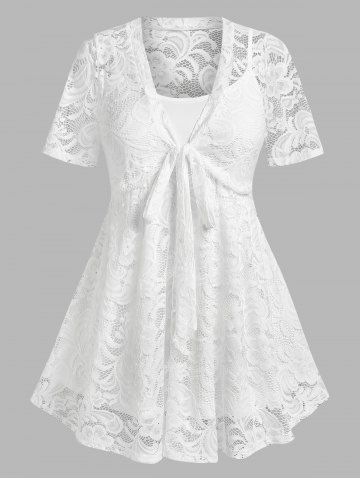 Plus Size&Curve Floral Lace Sheer Bowtie Skirted T-shirt - WHITE - 5X