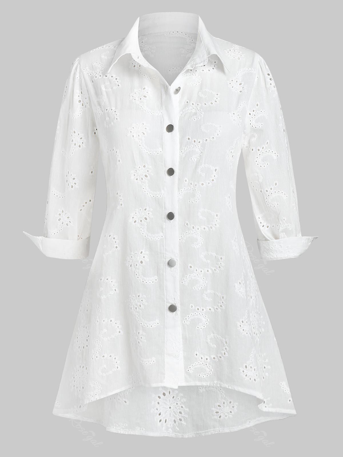 Cheap Plus Size Broderie Anglaise Button Up High Low Shirt  
