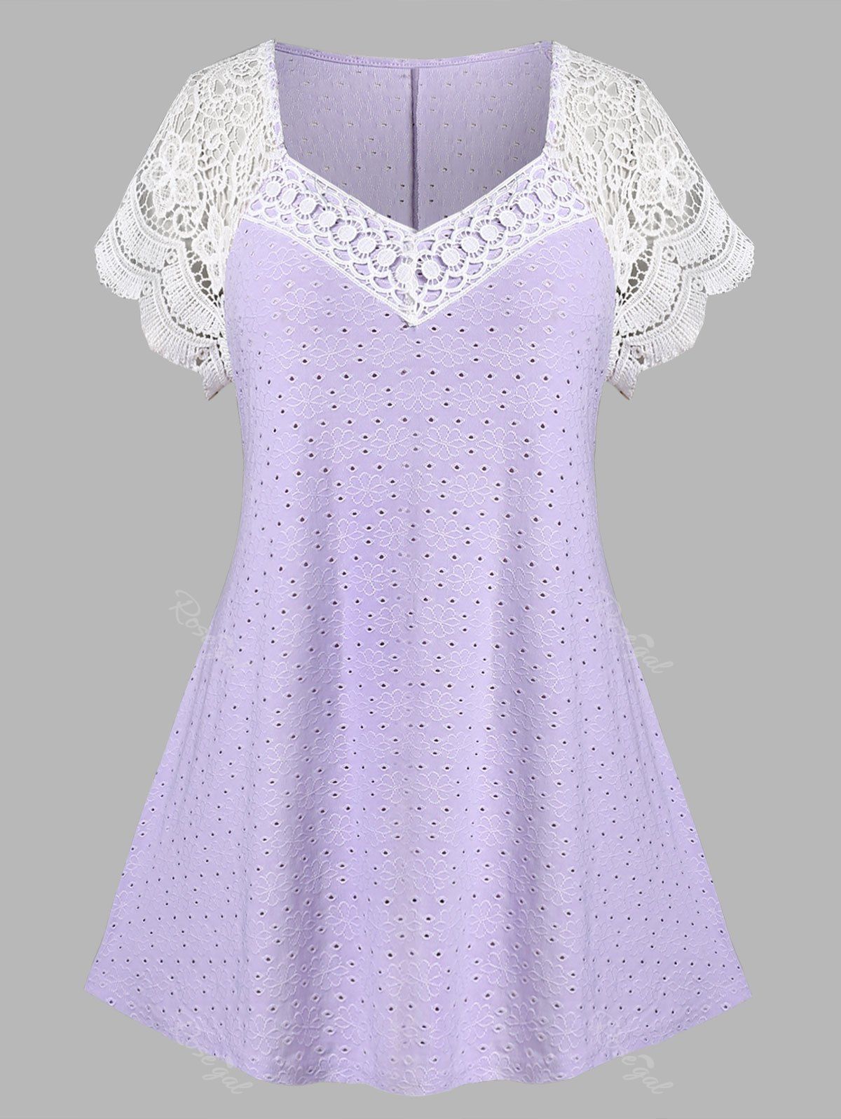 T-shirt Broderie Anglaise Courbe en Dentelle de Grande Taille Violet clair 1X