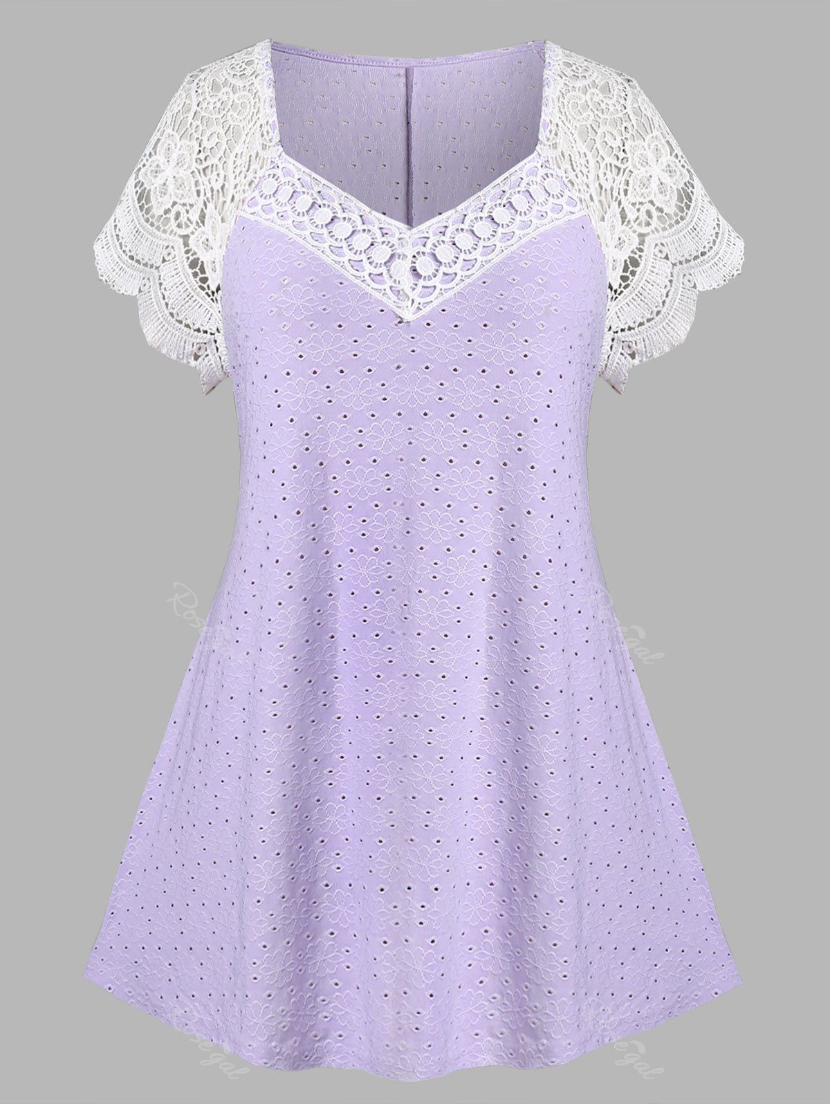 Latest Plus Size&Curve Broderie Anglaise Lace Sleeve T-shirt  