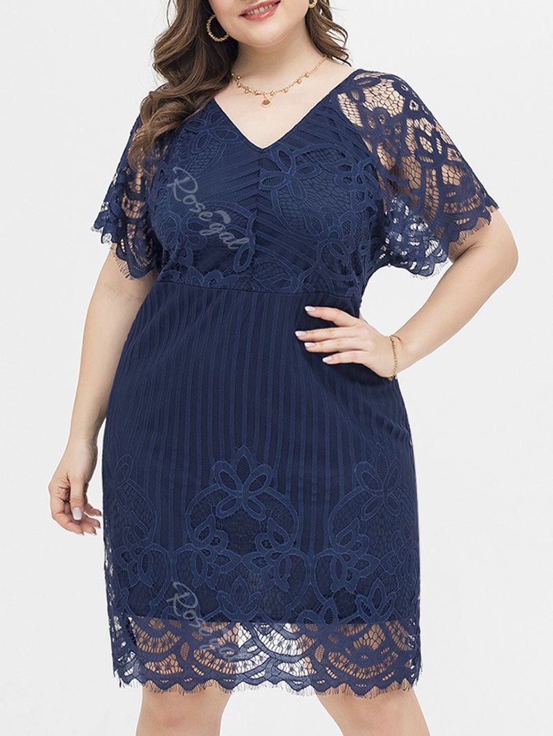 Affordable Plus Size Sheer Sleeve Knee Length Lace Dress  
