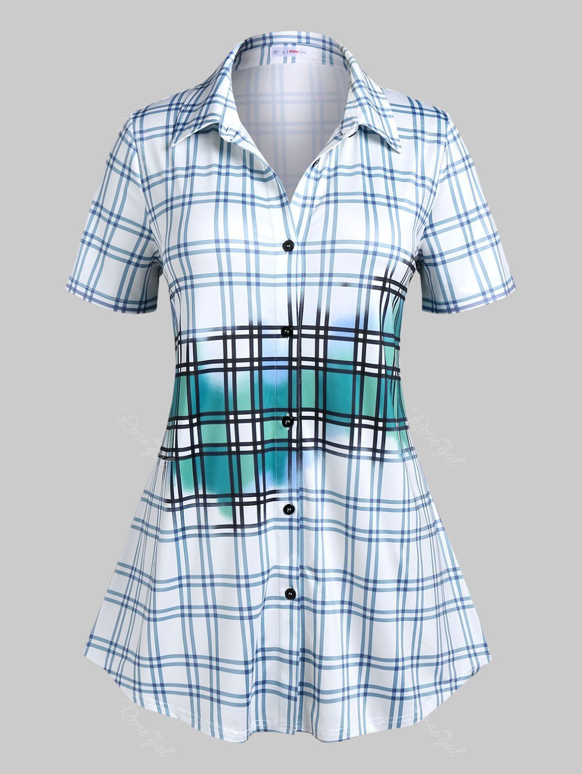 Store Plus Size&Curve Button Up Ombre Grid Shirt  