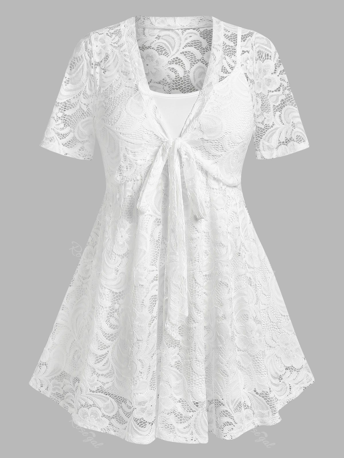 Affordable Plus Size&Curve Floral Lace Sheer Bowtie Skirted T-shirt  