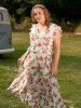 Plus Size Floral Print Ruffled Cottagecore Midi Dress -  