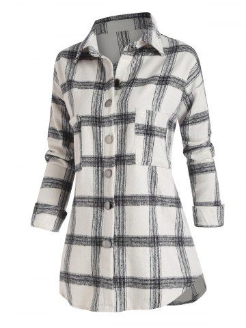 Pocket Plaid Flannel Longline Shacket - WHITE - XL