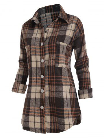 Pocket Plaid Flannel Longline Shacket - COFFEE - 2XL