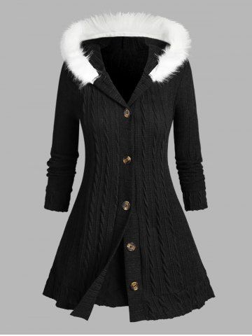 Plus Size Fuzzy Trim Hooded Cable Knit Cardigan - BLACK - M