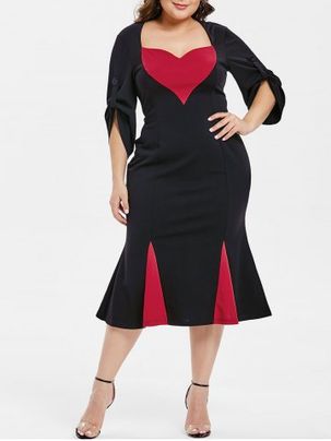 Plus Size Colorblock Roll Up Sleeve Fishtail Midi Dress