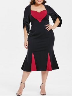 Plus Size Colorblock Roll Up Sleeve Fishtail Midi Dress - BLACK - 4XL