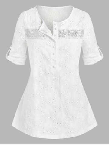 Plus Size Broderie Anglaise Roll Up Sleeve Half Button Blouse - WHITE - 5X