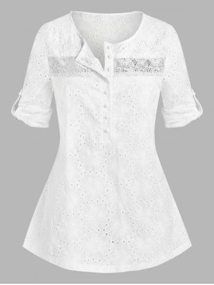 Plus Size Broderie Anglaise Roll Up Sleeve Half Button Blouse
