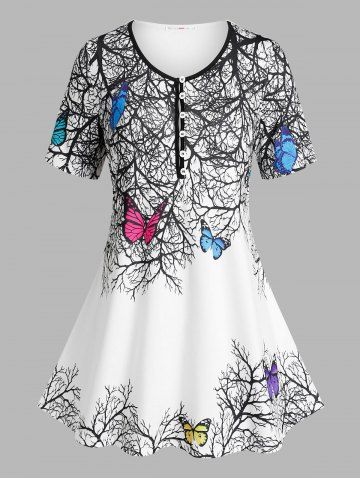 Plus Size & Curve Butterfly Tree Print Half Button Henley T-shirt