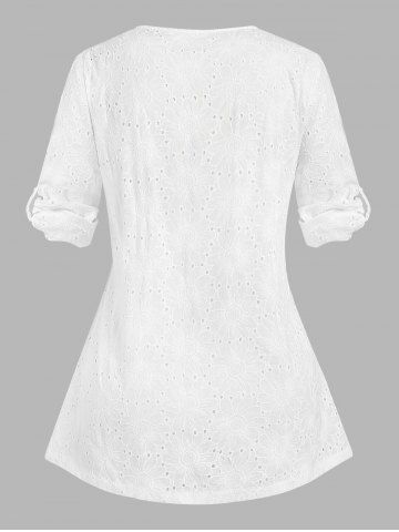 Plus Size Broderie Anglaise Roll Up Sleeve Half Button Blouse