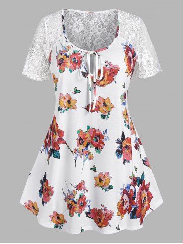 Plus Size & Curve Floral Print Lace Sleeve Tied T-shirt - WHITE - 4X | US 26-28