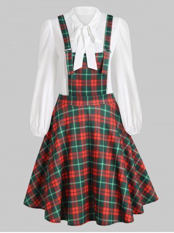 Plaid Knee Length Pinafore Dress with Bowknot Collar Blouse - RED - XL