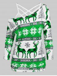 Christmas Deer Snowflake Print T-shirt with Flower Lace Criss-cross Cami Top -  