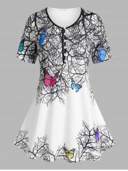 Plus Size & Curve Butterfly Tree Print Half Button Henley T-shirt -  