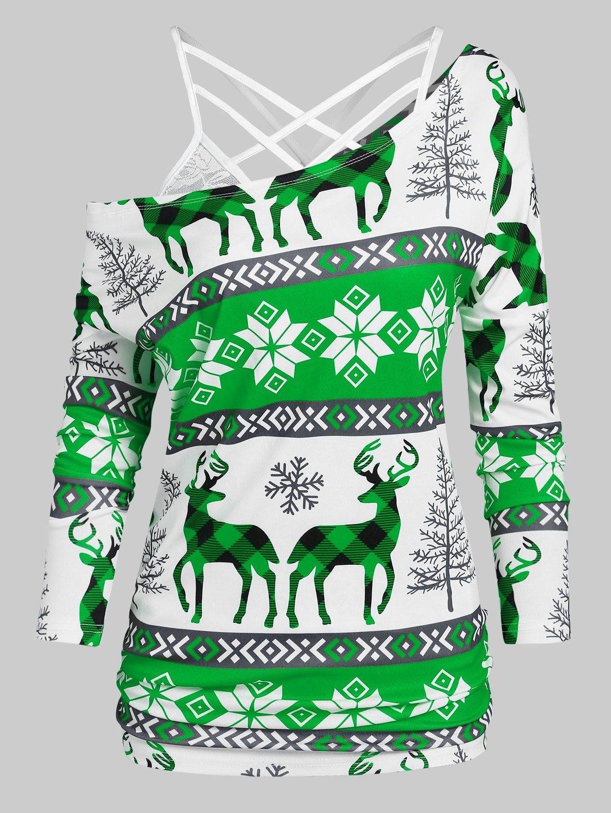 Hot Christmas Deer Snowflake Print T-shirt with Flower Lace Criss-cross Cami Top  
