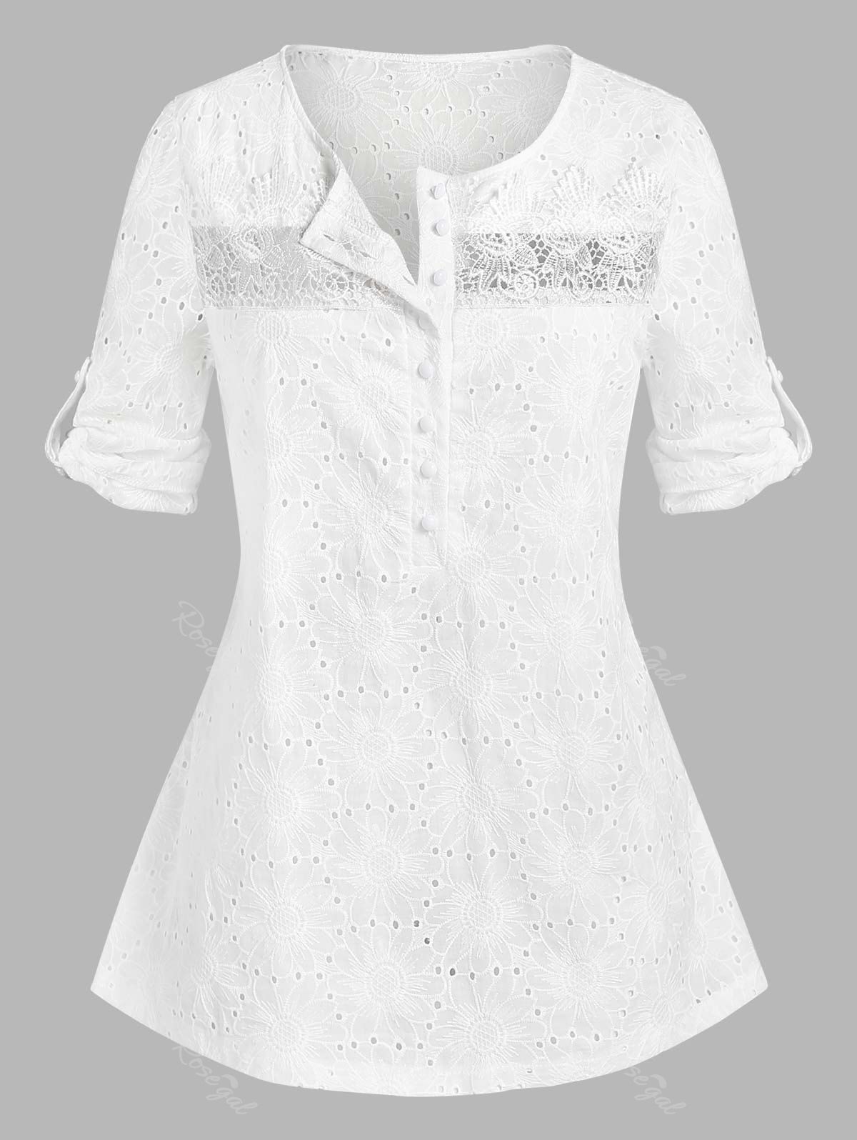Hot Plus Size Broderie Anglaise Roll Up Sleeve Half Button Blouse  