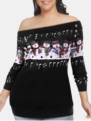 Christmas Plus Size Off The Shoulder Snowman Sweatshirt - BLACK - XL