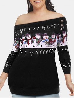 Sweatshirt avec Épaule Dénudée Motif Bonhomme de Neige de Noël Grande Taille - BLACK - 4XL