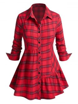 Plus Size Striped Plaid Skirted Button Up Tunic Shirt - RED - L
