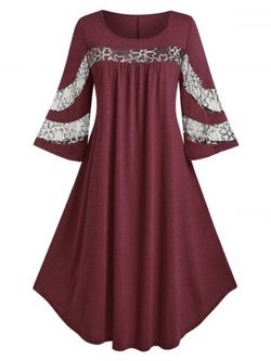 Plus Size Bell Sleeve Embroidered Mesh Trapeze Midi Dress - DEEP RED - L