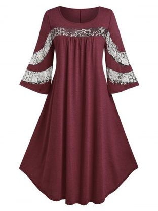 Plus Size Bell Sleeve Embroidered Mesh Trapeze Midi Dress
