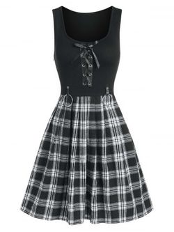 Lace Up O Ring Plaid Gothic Dress - BLACK - XXL