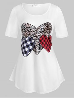 Plus Size Leopard Plaid Heart Pattern T-shirt - WHITE - 3X