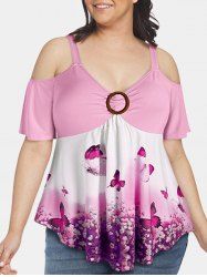 T-Shirt Tunique à Épaules Dénudées Motif Papillons et Fleurs Grande-Taille - Rose clair 5X
