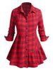 Plus Size Striped Plaid Skirted Button Up Tunic Shirt -  