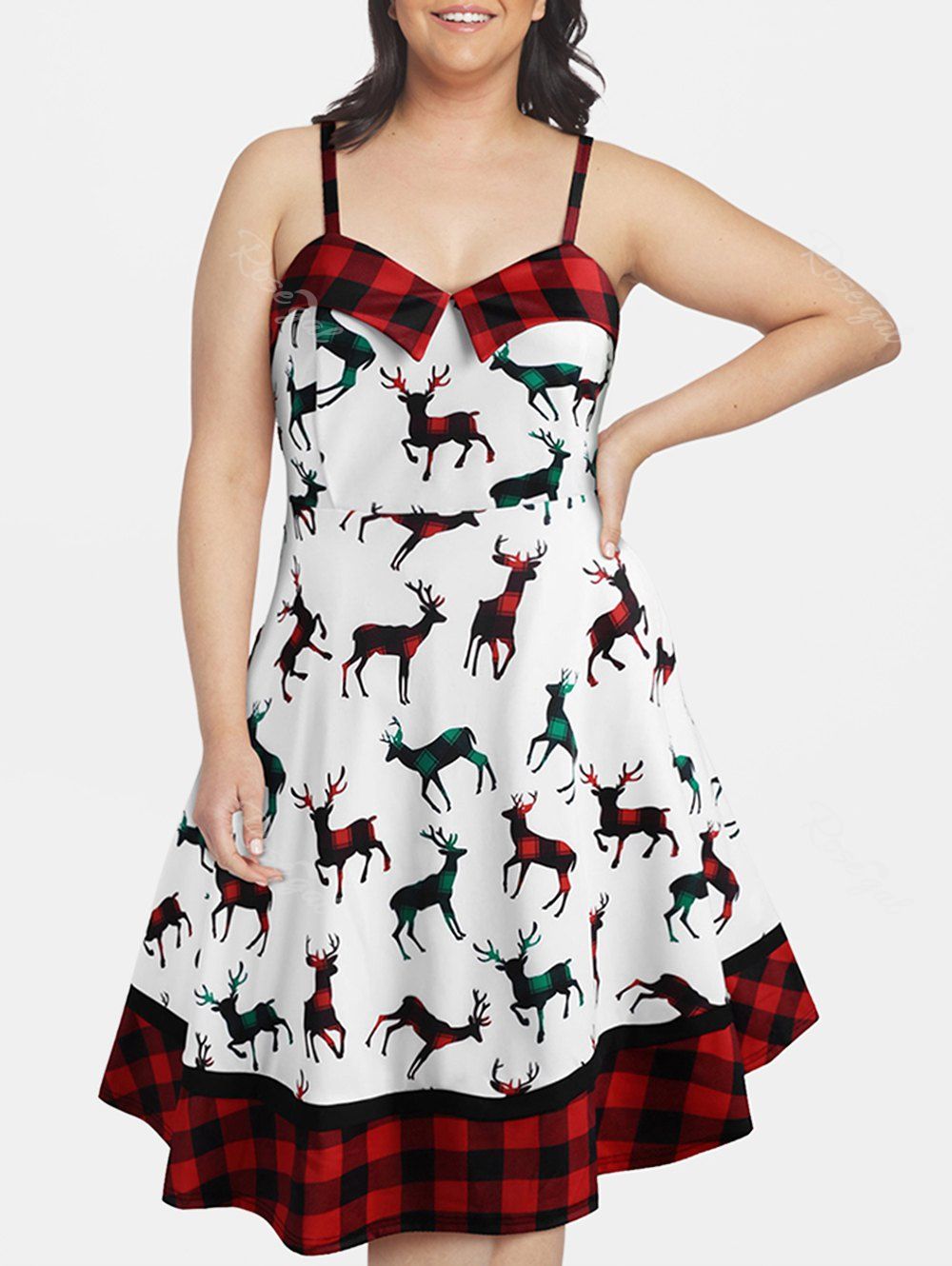 Chic Plus Size Christmas Plaid Elk Print Dress  