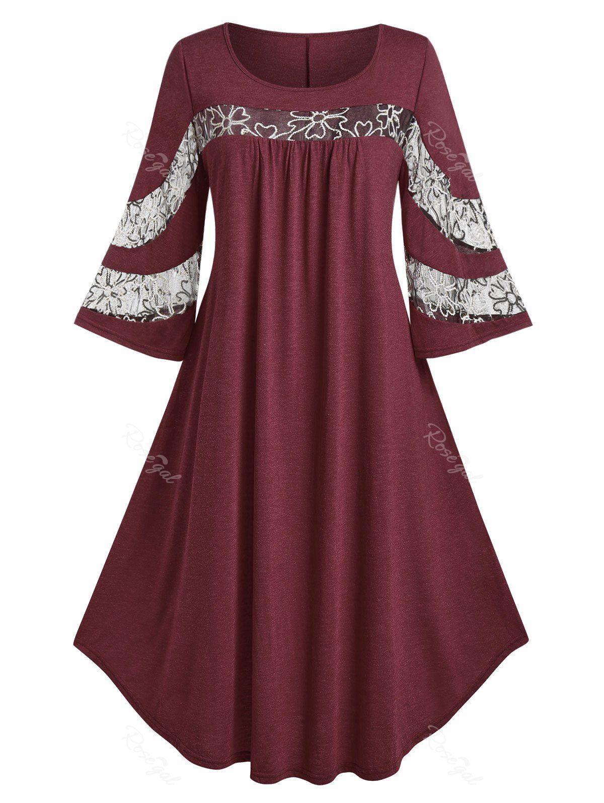 Fashion Plus Size Bell Sleeve Embroidered Mesh Trapeze Midi Dress  